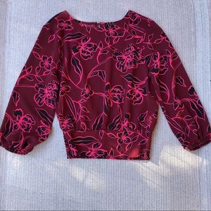 OLM Floral Blouse w/ Elastic Waist & Balloon Sleeves